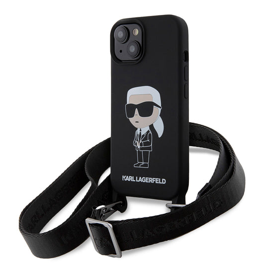 Husa pentru Apple iPhone 15, Karl Lagerfeld, Silicone Crossbody Ikonik Karl, Neagra