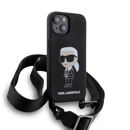 Husa pentru Apple iPhone 15, Karl Lagerfeld, Silicone Crossbody Ikonik Karl, Neagra