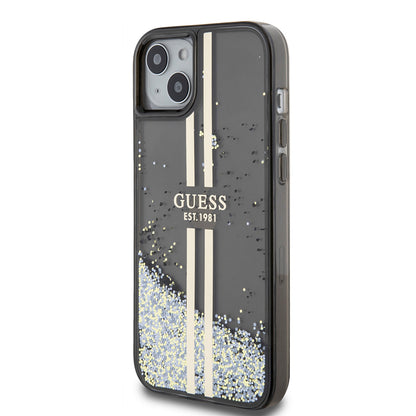 Husa pentru Apple iPhone 15 Plus, Guess, Liquid Glitter Gold Stripes, Neagra