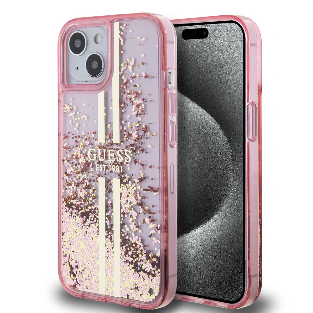 Husa pentru Apple iPhone 15 Plus, Guess, Liquid Glitter Gold Stripes, Roz