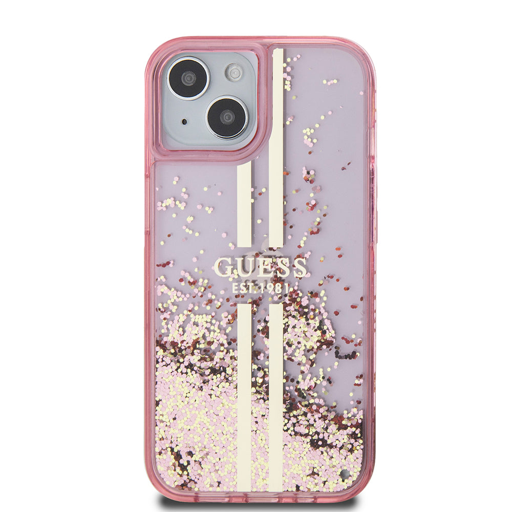 Husa pentru Apple iPhone 15 Plus, Guess, Liquid Glitter Gold Stripes, Roz
