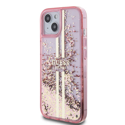 Husa pentru Apple iPhone 15 Plus, Guess, Liquid Glitter Gold Stripes, Roz