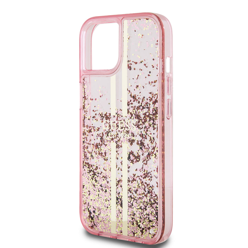 Husa pentru Apple iPhone 15 Plus, Guess, Liquid Glitter Gold Stripes, Roz