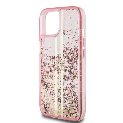 Husa pentru Apple iPhone 15 Plus, Guess, Liquid Glitter Gold Stripes, Roz