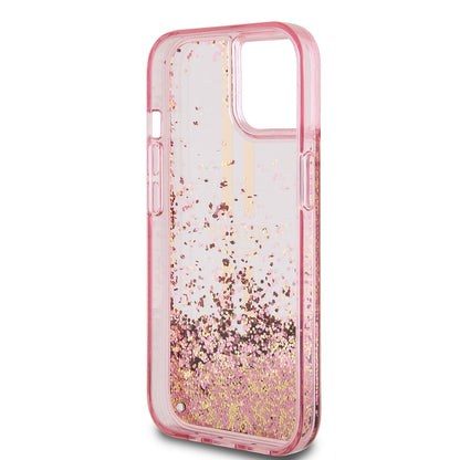 Husa pentru Apple iPhone 15 Plus, Guess, Liquid Glitter Gold Stripes, Roz