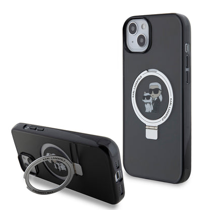 Husa pentru Apple iPhone 15 Plus, Karl Lagerfeld, Ringstand Karl & Choupette, Neagra