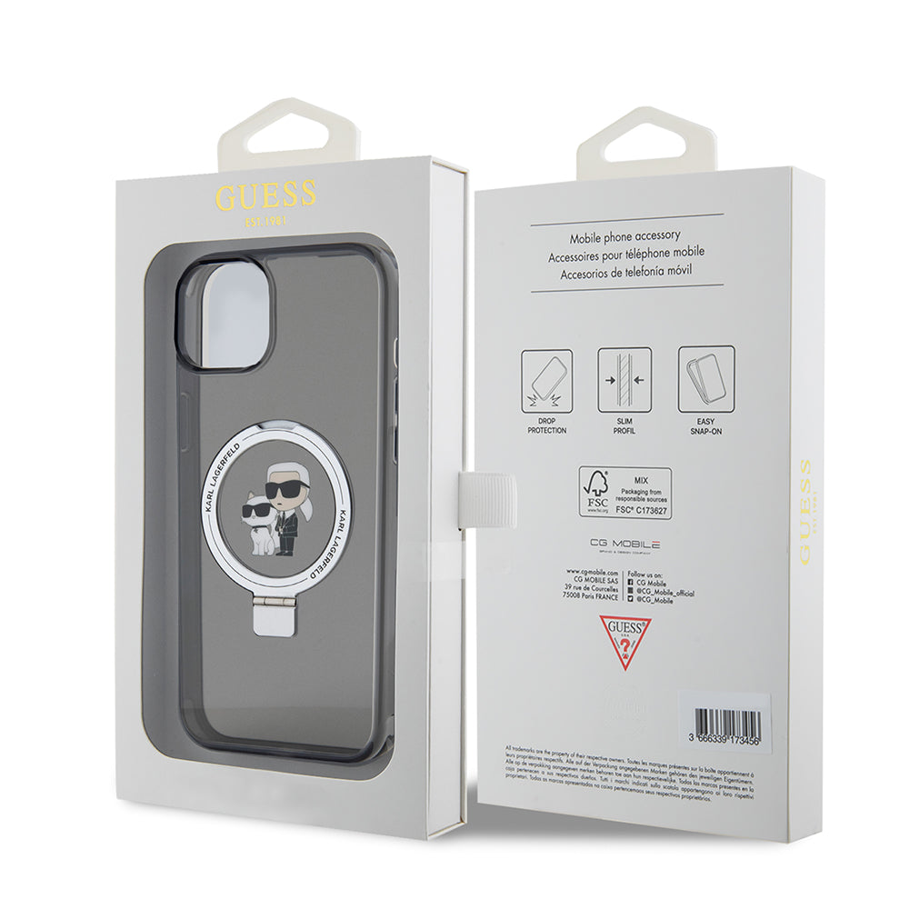 Husa pentru Apple iPhone 15 Plus, Karl Lagerfeld, Ringstand Karl & Choupette, Neagra