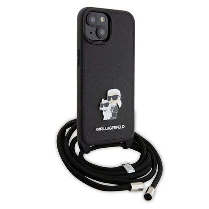 Husa pentru Apple iPhone 15 Plus, Karl Lagerfeld, Saffiano Crossbody Metal Pin Karl & Choupette, Neagra
