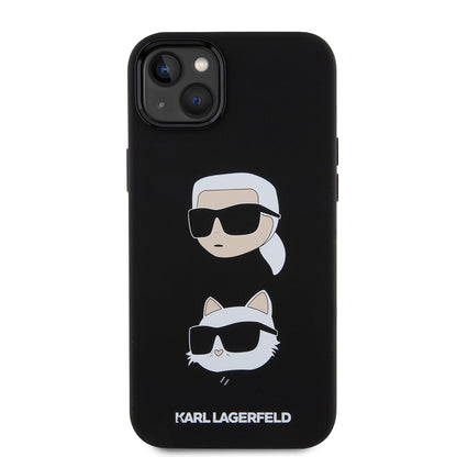 Husa pentru Apple iPhone 15 Plus, Karl Lagerfeld, Silicone Karl & Choupette's Heads, Neagra