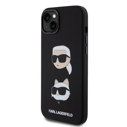 Husa pentru Apple iPhone 15 Plus, Karl Lagerfeld, Silicone Karl & Choupette's Heads, Neagra