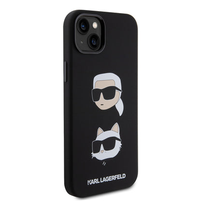 Husa pentru Apple iPhone 15 Plus, Karl Lagerfeld, Silicone Karl & Choupette's Heads, Neagra