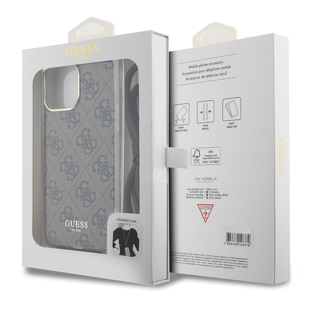Husa pentru Apple iPhone 15 Pro, Guess, Crossbody Cord 4G Print, Maro