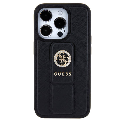 Husa pentru Apple iPhone 15 Pro, Guess, Grip Stand 4G Saffiano Strass, Neagra