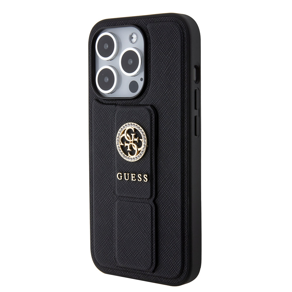 Husa pentru Apple iPhone 15 Pro, Guess, Grip Stand 4G Saffiano Strass, Neagra