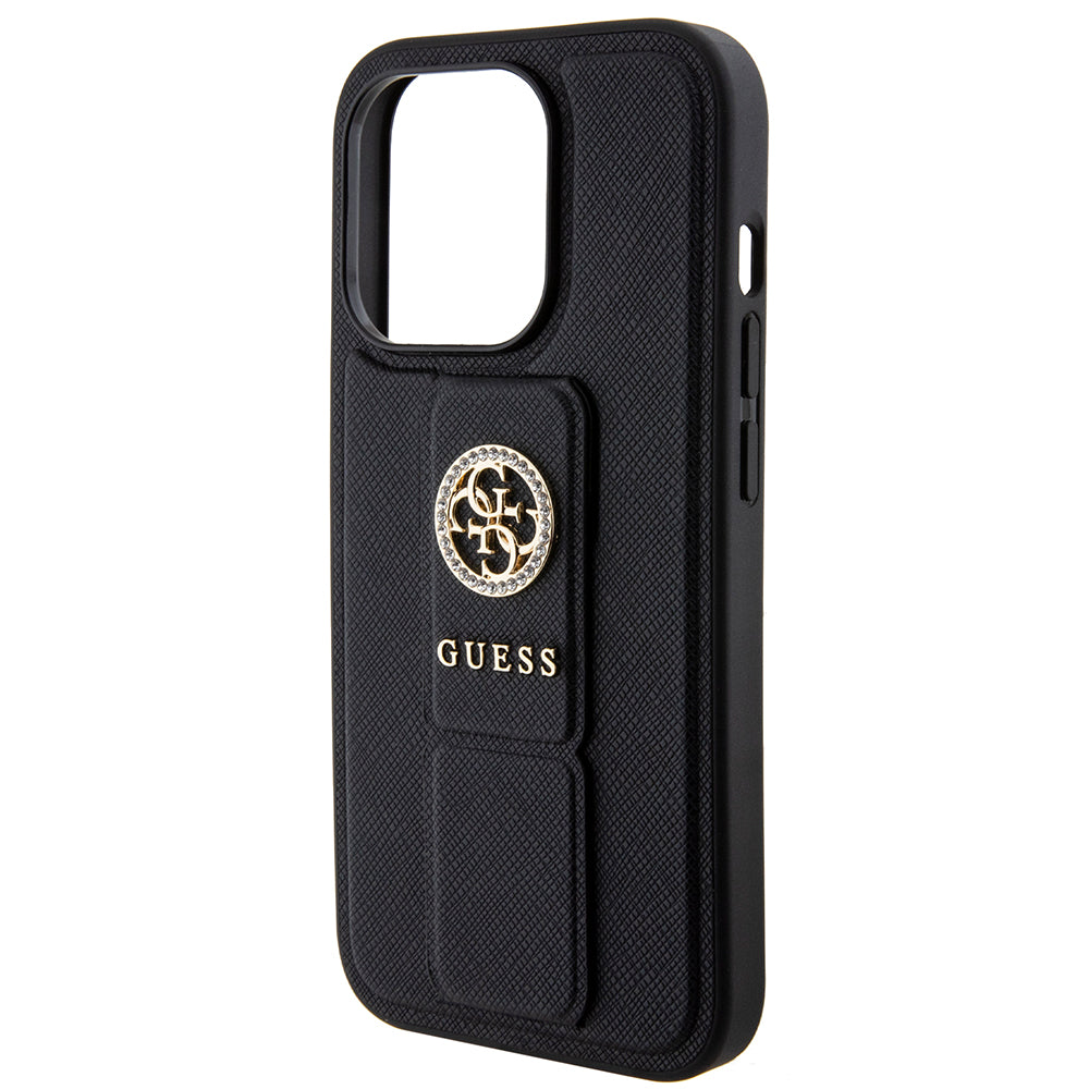 Husa pentru Apple iPhone 15 Pro, Guess, Grip Stand 4G Saffiano Strass, Neagra