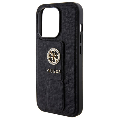 Husa pentru Apple iPhone 15 Pro, Guess, Grip Stand 4G Saffiano Strass, Neagra