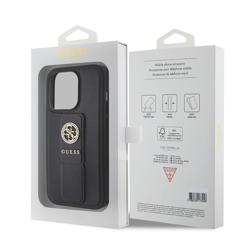 Husa pentru Apple iPhone 15 Pro, Guess, Grip Stand 4G Saffiano Strass, Neagra