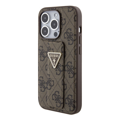 Husa pentru Apple iPhone 15 Pro, Guess, Grip Stand 4G Triangle Strass, Maro