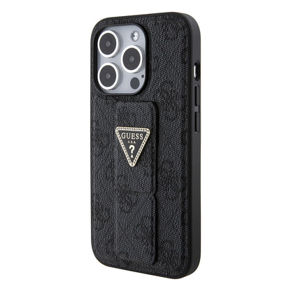 Husa pentru Apple iPhone 15 Pro, Guess, Grip Stand 4G Triangle Strass, Neagra