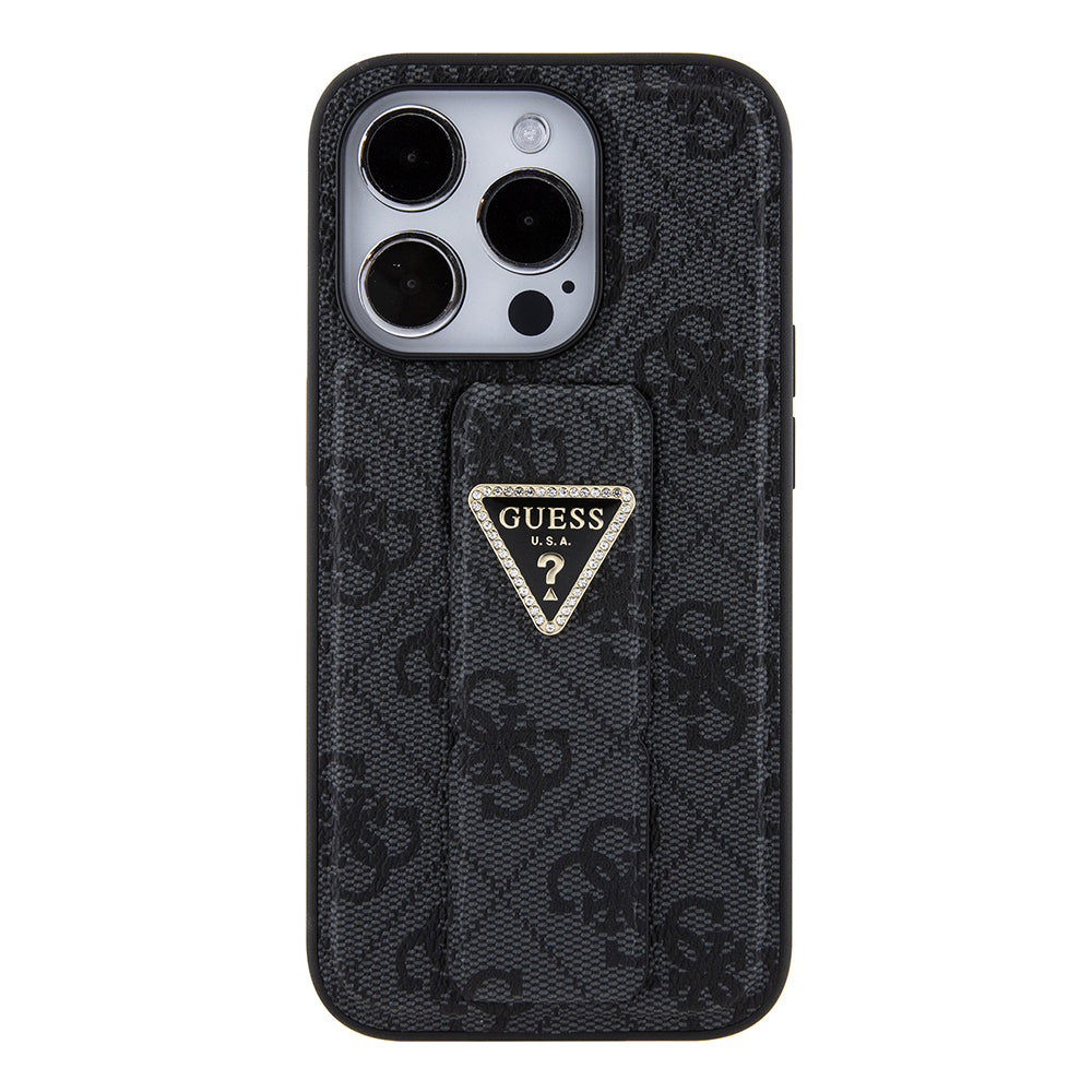 Husa pentru Apple iPhone 15 Pro, Guess, Grip Stand 4G Triangle Strass, Neagra