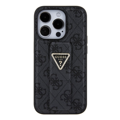 Husa pentru Apple iPhone 15 Pro, Guess, Grip Stand 4G Triangle Strass, Neagra