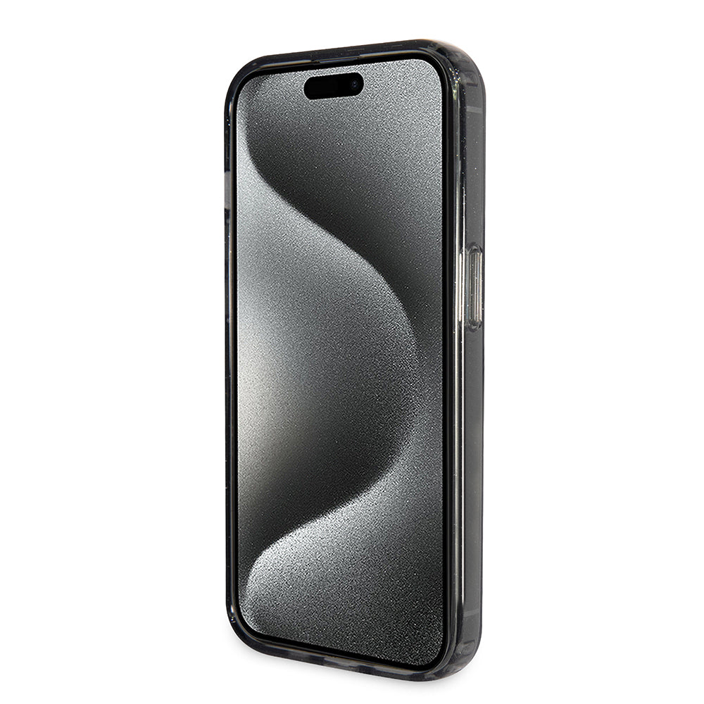 Husa MagSafe pentru Apple iPhone 15 Pro, Guess, IML Ring Stand Glitter, Neagra