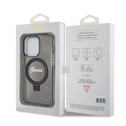 Husa MagSafe pentru Apple iPhone 15 Pro, Guess, IML Ring Stand Glitter, Neagra