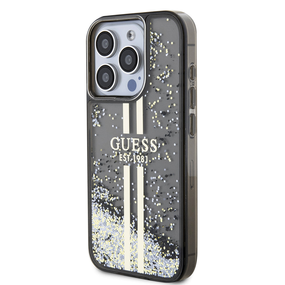 Husa pentru Apple iPhone 15 Pro, Guess, Liquid Glitter Gold Stripe, Neagra