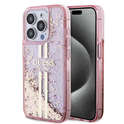 Husa pentru Apple iPhone 15 Pro, Guess, Liquid Glitter Gold Stripes, Roz