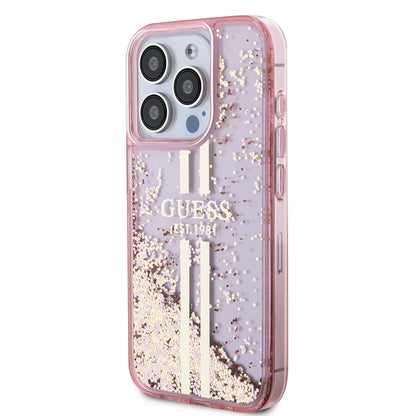 Husa pentru Apple iPhone 15 Pro, Guess, Liquid Glitter Gold Stripes, Roz