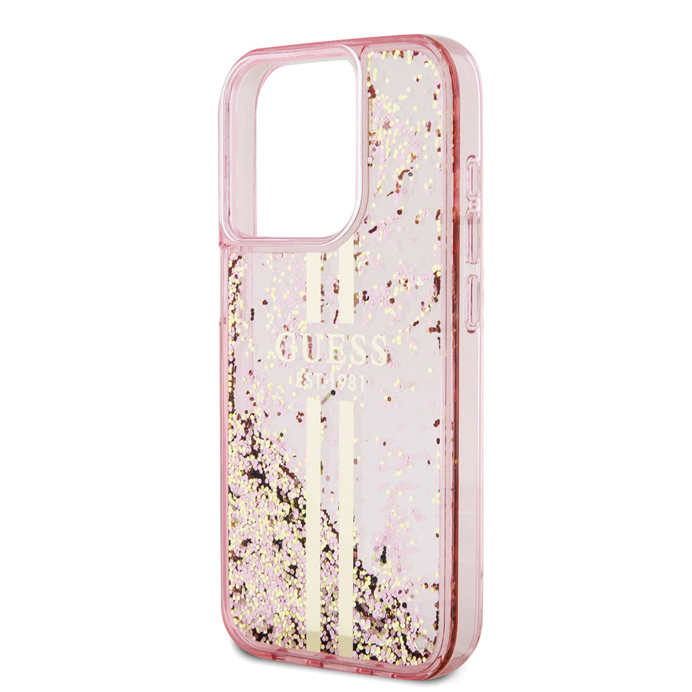 Husa pentru Apple iPhone 15 Pro, Guess, Liquid Glitter Gold Stripes, Roz