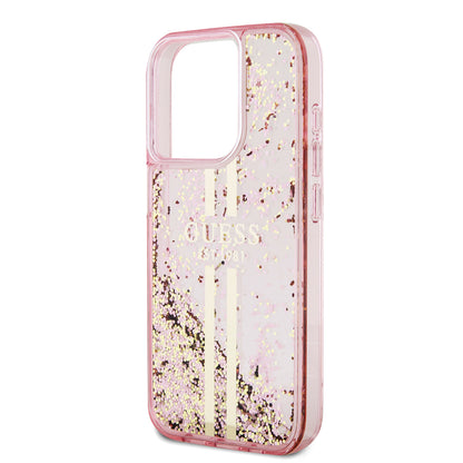 Husa pentru Apple iPhone 15 Pro, Guess, Liquid Glitter Gold Stripes, Roz