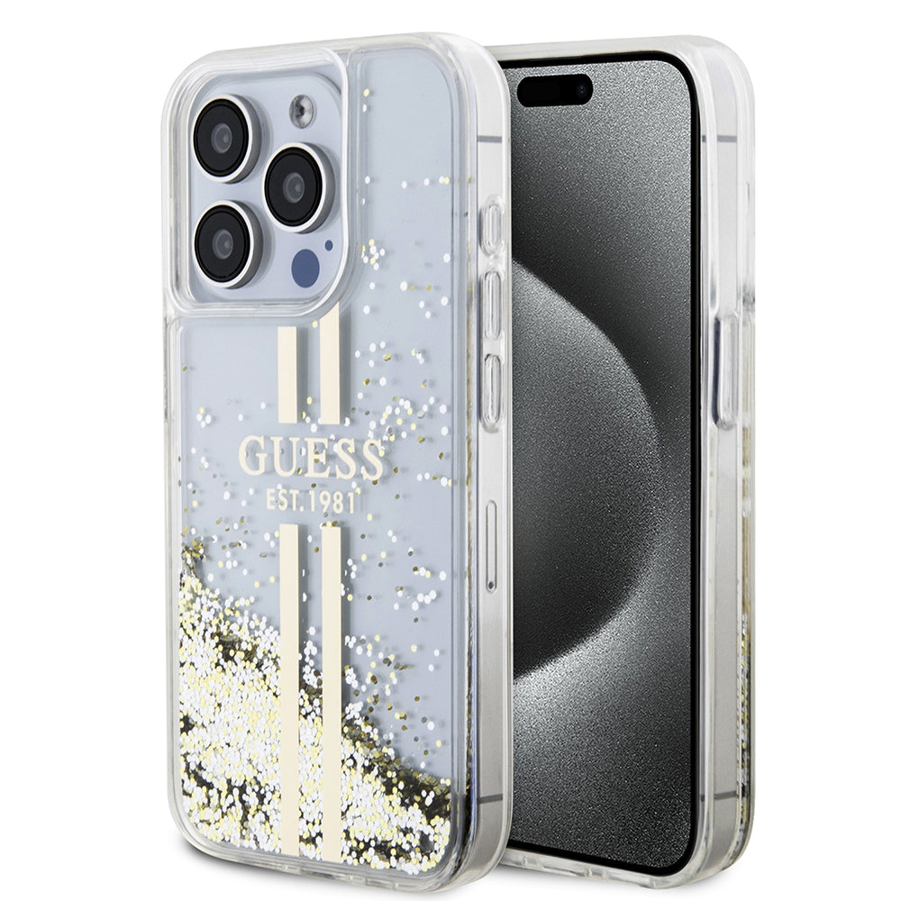 Husa pentru Apple iPhone 15 Pro, Guess, Liquid Glitter Gold Stripes, Transparenta