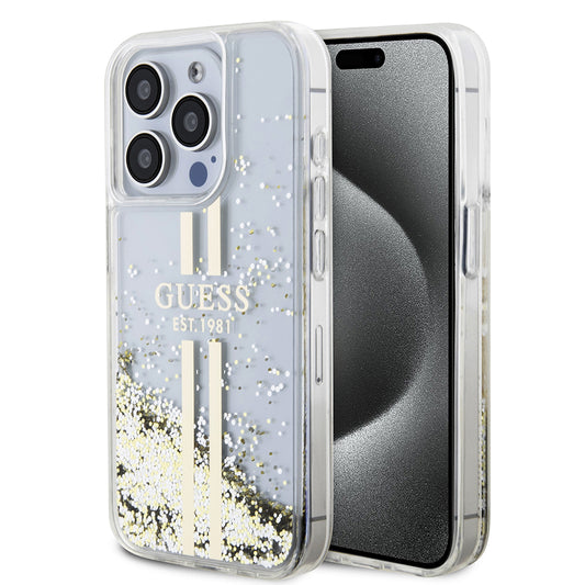 Husa pentru Apple iPhone 15 Pro, Guess, Liquid Glitter Gold Stripes, Transparenta