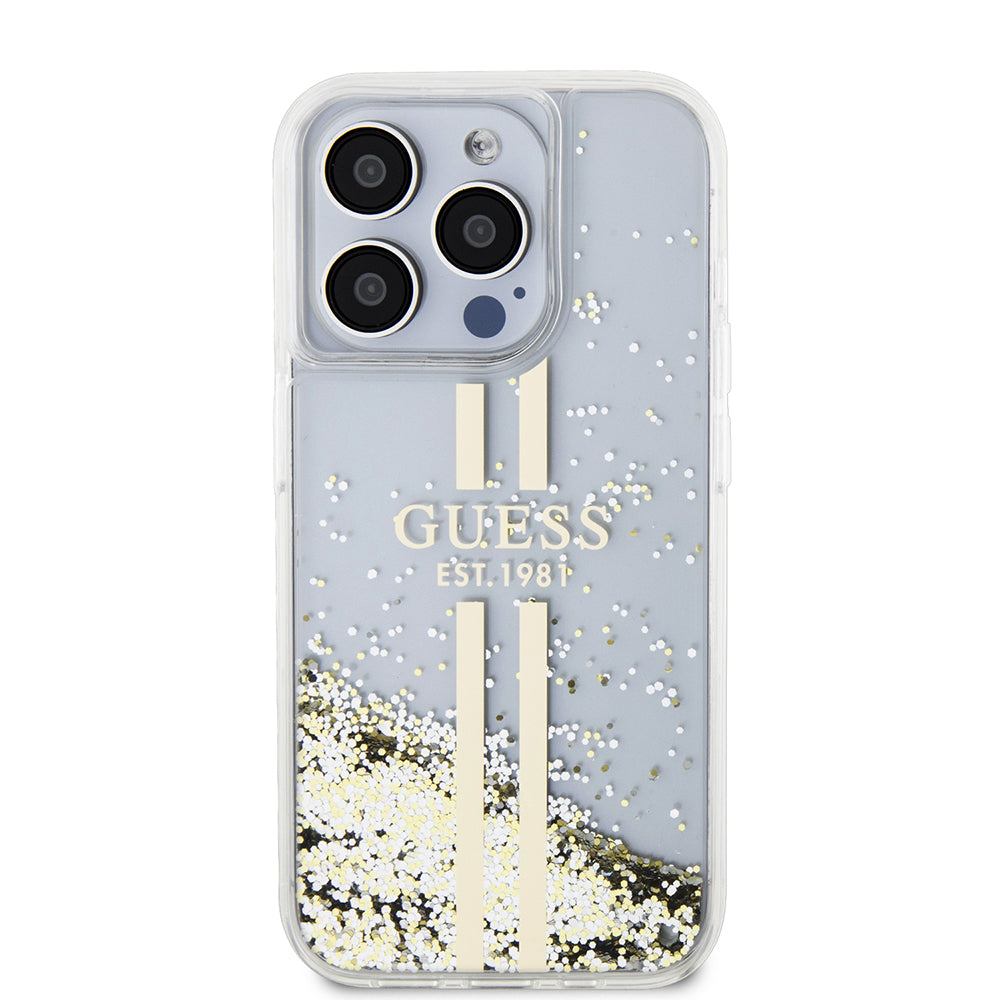 Husa pentru Apple iPhone 15 Pro, Guess, Liquid Glitter Gold Stripes, Transparenta