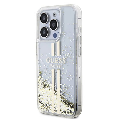 Husa pentru Apple iPhone 15 Pro, Guess, Liquid Glitter Gold Stripes, Transparenta