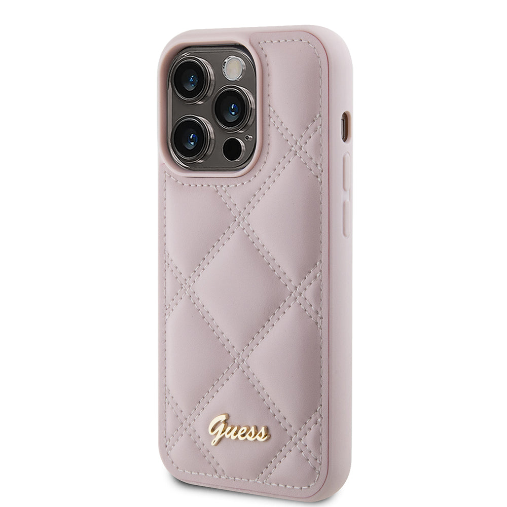 Husa pentru Apple iPhone 15 Pro, Guess, Quilted Metal Logo, Roz