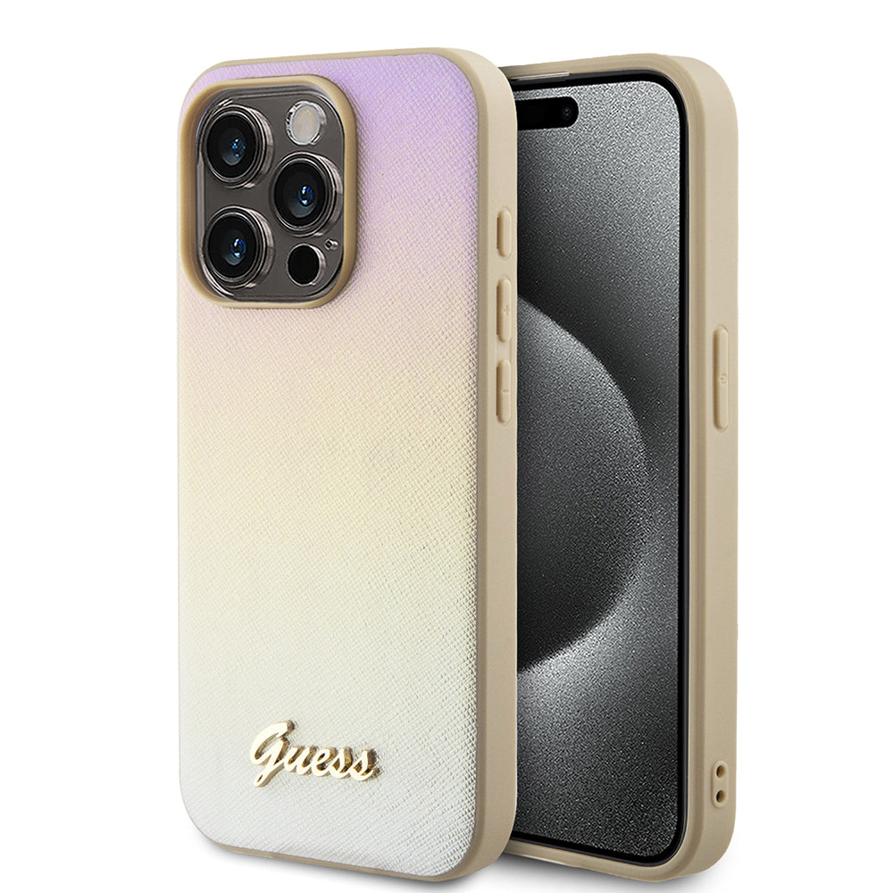 Husa pentru Apple iPhone 15 Pro, Guess, Saffiano Iridescent Script, Aurie