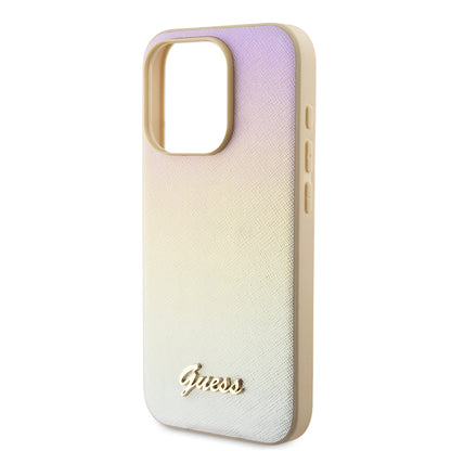 Husa pentru Apple iPhone 15 Pro, Guess, Saffiano Iridescent Script, Aurie