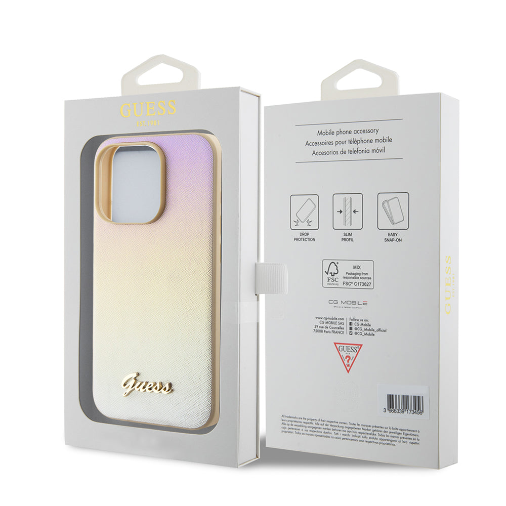 Husa pentru Apple iPhone 15 Pro, Guess, Saffiano Iridescent Script, Aurie