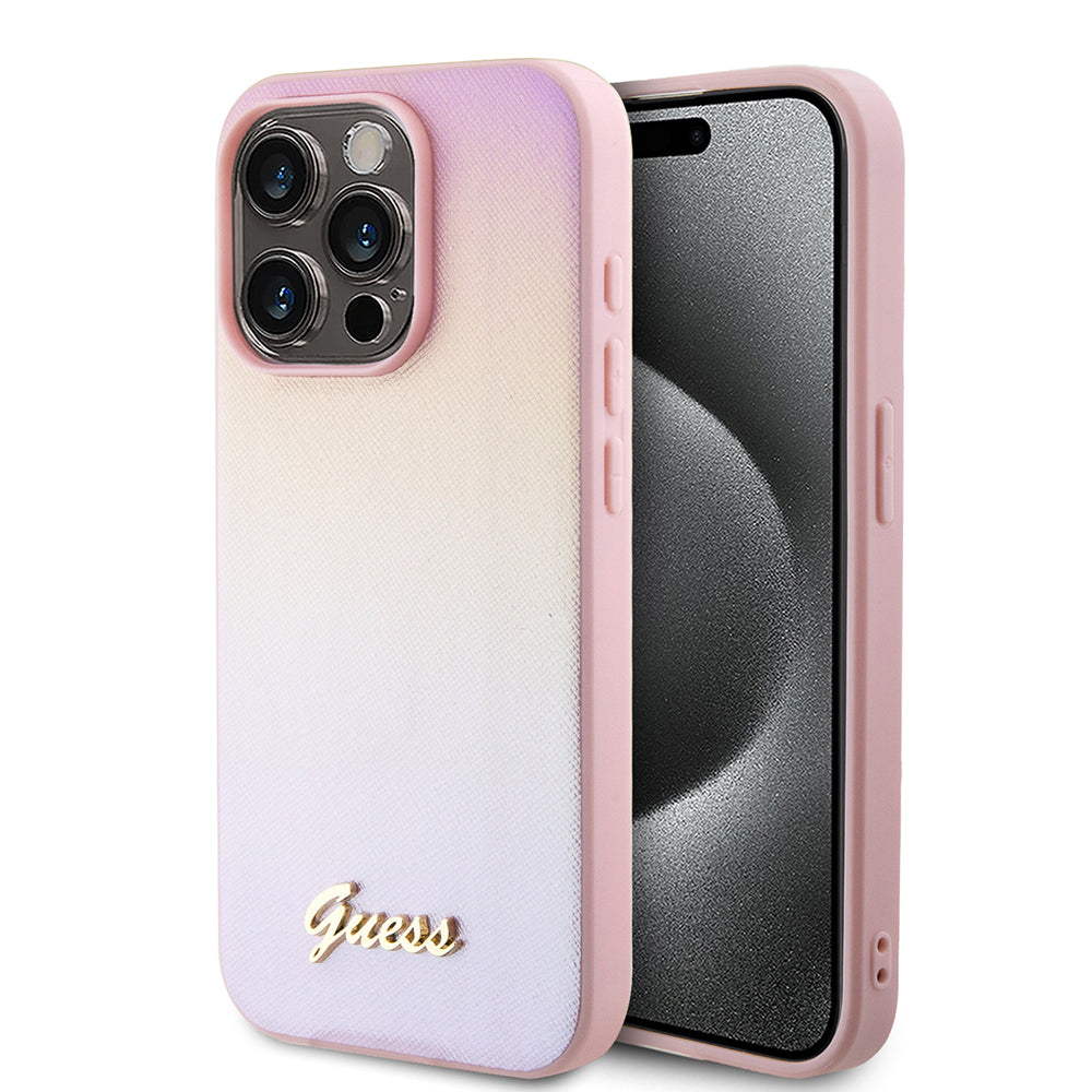 Husa pentru Apple iPhone 15 Pro, Guess, Saffiano Iridescent Script, Roz