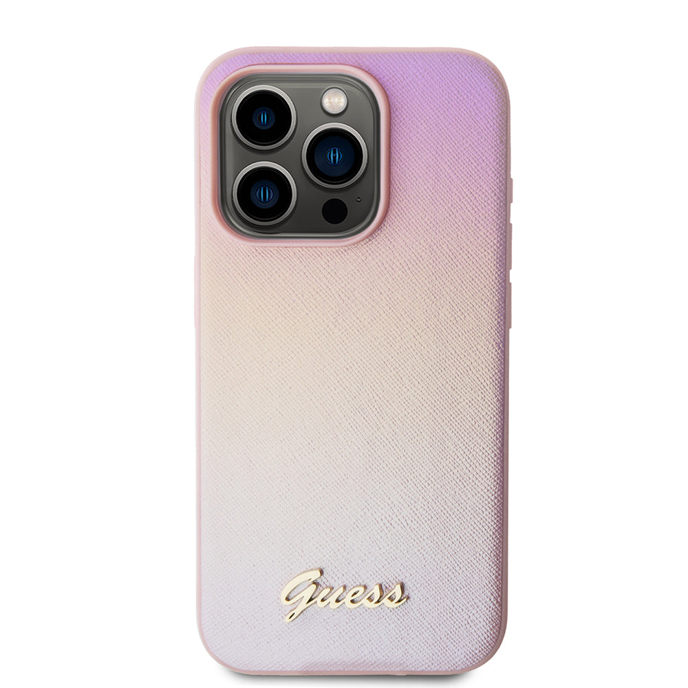 Husa pentru Apple iPhone 15 Pro, Guess, Saffiano Iridescent Script, Roz