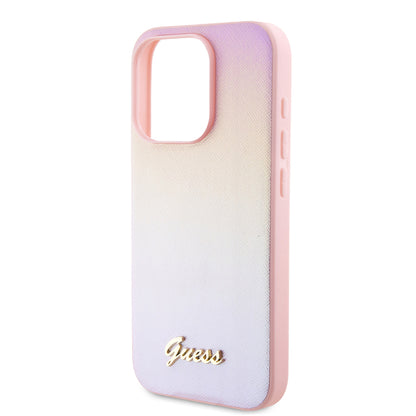 Husa pentru Apple iPhone 15 Pro, Guess, Saffiano Iridescent Script, Roz