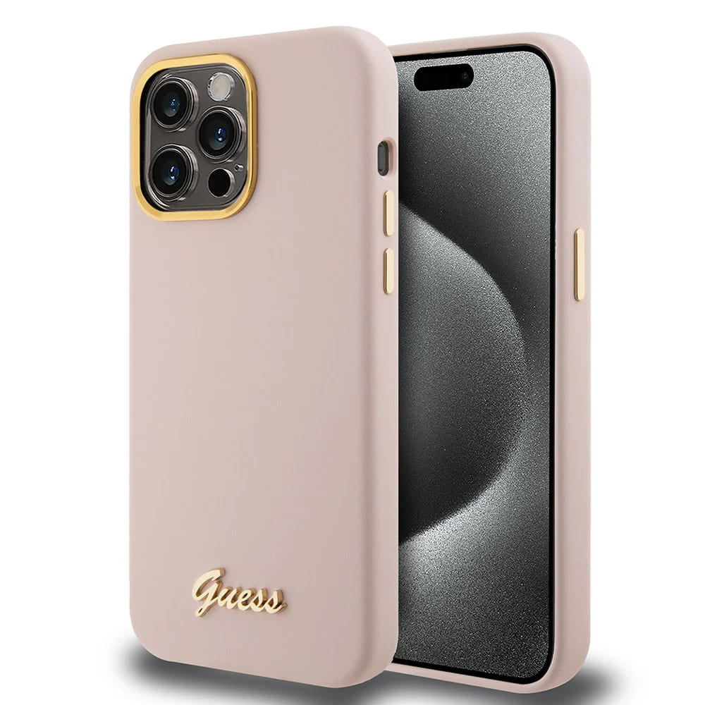 Husa pentru Apple iPhone 15 Pro, Guess, Script Metal Logo & Frame, Roz Deschis