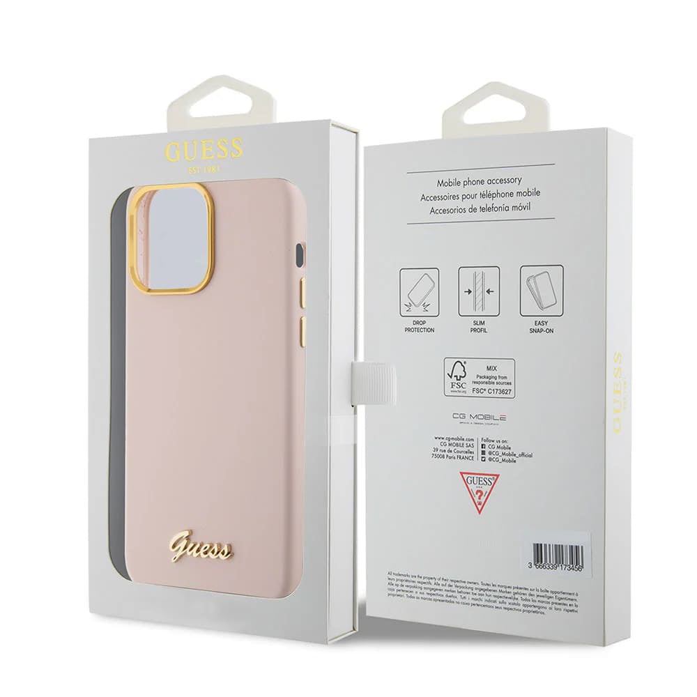 Husa pentru Apple iPhone 15 Pro, Guess, Script Metal Logo & Frame, Roz Deschis