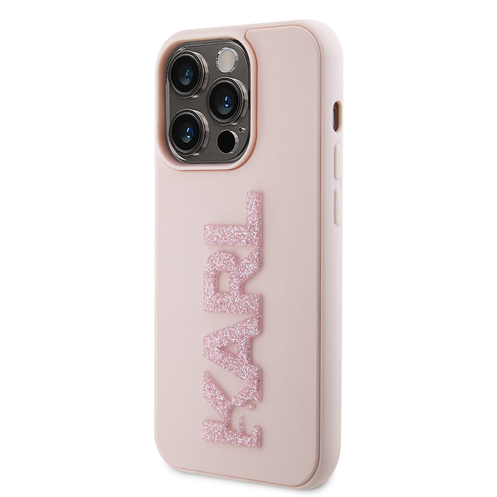 Husa pentru Apple iPhone 15 Pro, Karl Lagerfeld, 3D Rubber Glitter Logo Karl, Roz
