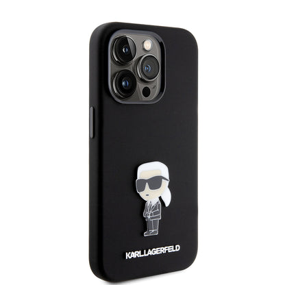Husa pentru Apple iPhone 15 Pro, Karl Lagerfeld, Silicone Metal Ikonik, Neagra