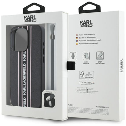 Husa pentru Apple iPhone 15 Pro, Karl Lagerfeld, Saffiano Athleisure Stripes with Strap, Roz