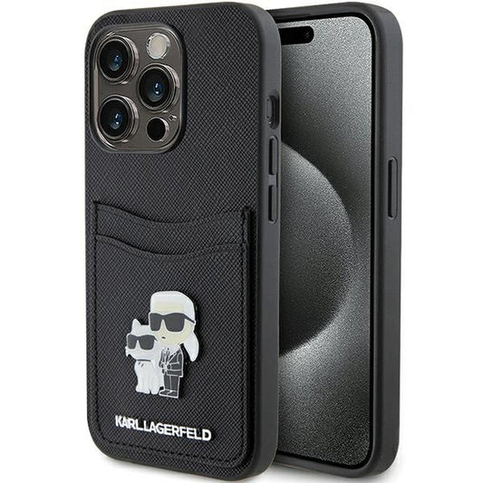 Husa pentru Apple iPhone 15 Pro, Karl Lagerfeld, Saffiano Card Slot Metal Karl & Choupette, Neagra