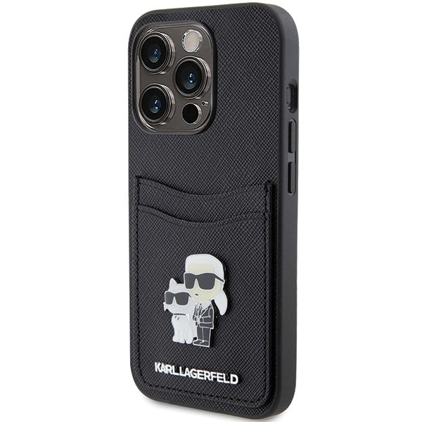 Husa pentru Apple iPhone 15 Pro, Karl Lagerfeld, Saffiano Card Slot Metal Karl & Choupette, Neagra